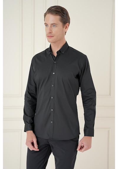Efor Slim Fit Düğmeli Yaka Esnek Klasik Siyah Gömlek Gk 746 Siyah
