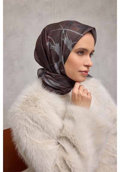 Silk Home Pamuk Polyester Soft Eşarp Yaprak Desen Kızıl Kahve 90x90 Çok Renkli