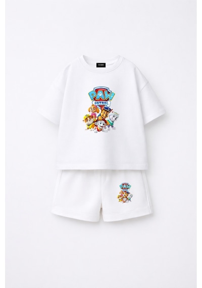 Fasardi Paw Patrol Baskılı Oversize %100 Pamuk Tişört Şort Çocuk 2li Takım Beyaz