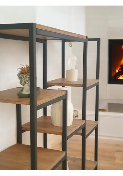 Çam Rengi Ahşap Raflı Metal Kitaplık 12 Raflı Ünite