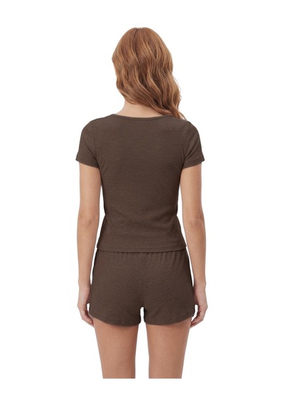 Cottonill Premium - Neat Collection Kahverengi Rib Dokulu Yuvarlak Yaka Modal Viskon Şortlu Pijama Takımı
