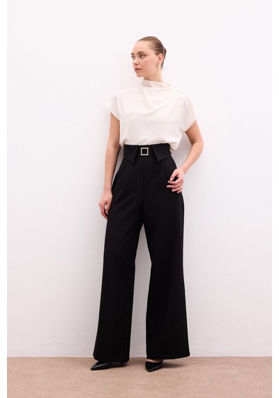 Sateen Bel Detaylı Geniş Paça Pantolon - Siyah