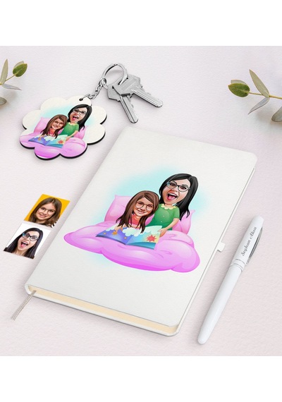 Kişiye Özel Anne Kız Karikatürlü Beyaz Defter Kalem Ve Anahtarlık N11.11703