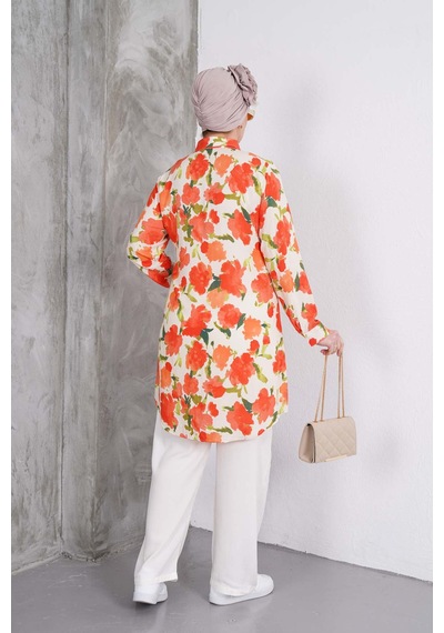 Polologin Butik Turuncu Çiçek Desenli Tunik Ve Krem Pantolon Takım Turuncu & Krem