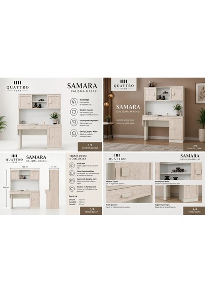 Samara Kitaplıklı Çalışma Masası Meşe - Beyaz