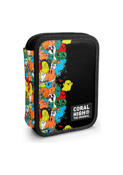 Coral High Kids Siyah Karikatür Desenli Çift Katlı Kalem Çanta 11150 Çok Renkli