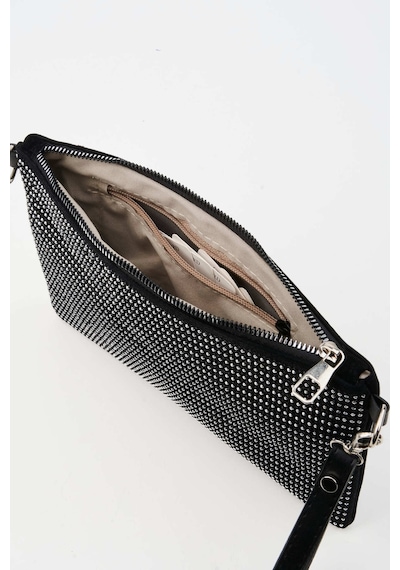 Vivaq Kadın Sıralı Gümüş Taşlı Süet Bilek Askılı Ve Zincir Askılı Portföy El Ve Clutch Çanta SİYAH