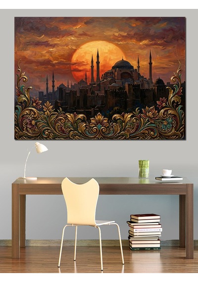 Gün Batımında İstanbul Silüeti Tablosu Dekoratif Kanvas - Mdf Ahşap Tablo