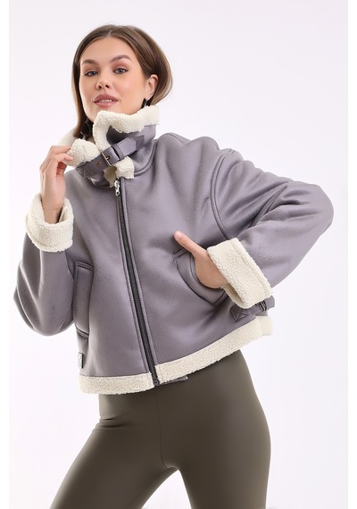 Winmoda34 Içi Kürk Astarlı Biker Kısa Ceket Gri