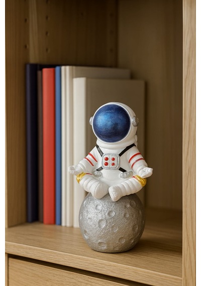 Momiko Uzay Temalı Meditasyon Yapan Beton Astronot Masaüstü Heykeli - Dekoratif Mini Figür -