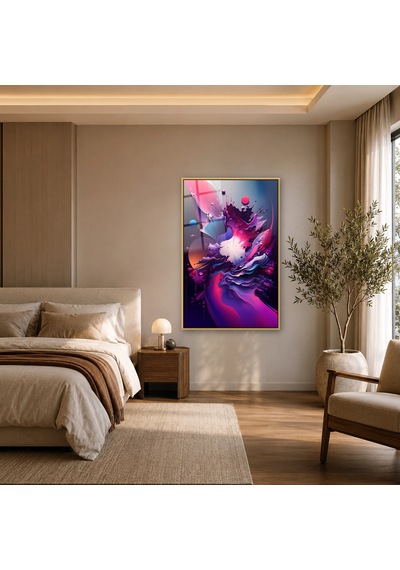 Lacivert Fondaki Fuşya Soyut Dalgalar Gold Çerçeveli Cam Tablo