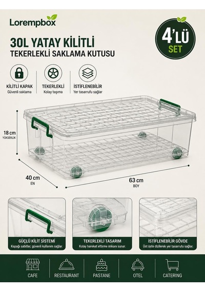 Lorempbox 4'lü 30 L Tekerlekli Kilitli Saklama Kutusu Yatay Diğer