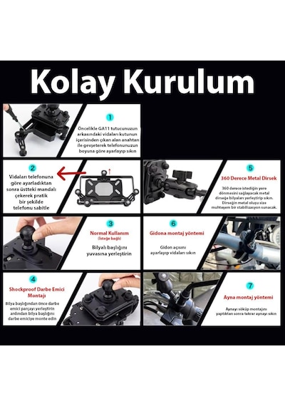 Ga12 Motosiklet Bisiklet Telefon Tutucu İster Ayna İster Gidon Tuttur İkisi Bir Arada Şok Emici Damperli 2 Mixed