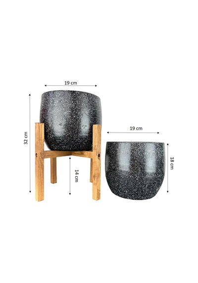 Bitki Tasarımı Ev Dekorasyon Aksesuar Siyah Granit Toprak Saksı Saksılık Salon Çiçeklik İkili Set Ayaksız - 4 Ayaklı- 19 Cm