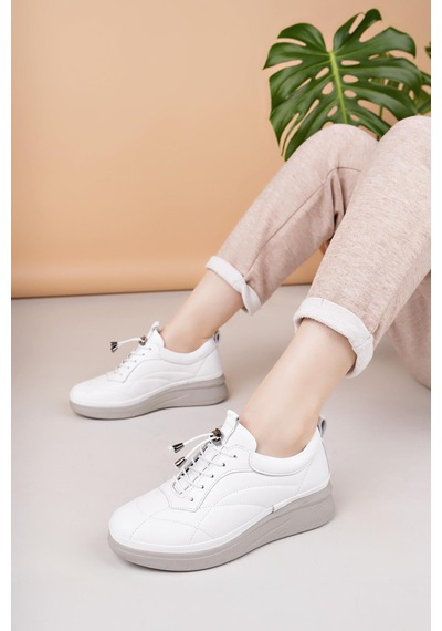 Nesilshoes Modessa 123 Beyaz Bağcıklı Hakiki Soft Deri Kadın Ayakkabı