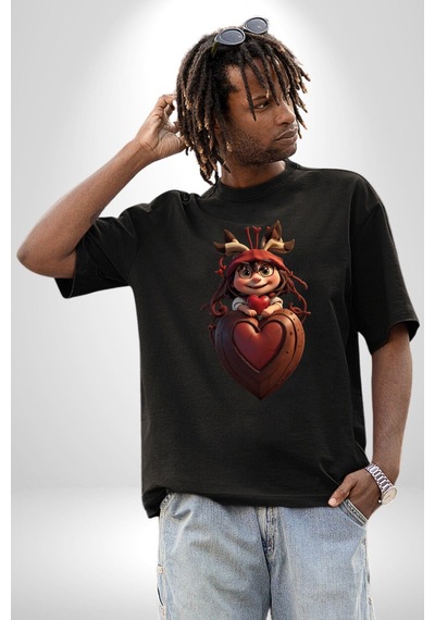 Çikolata Kız Kalbi Pamuklu Bisiklet Yaka Unisex Oversize Boyfriend Dijital Baskılı Siyah T-shirt Siyah