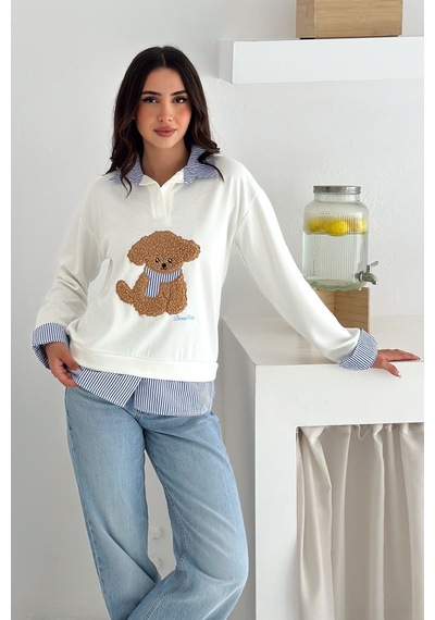 Kadın Nakış Peluş Ayıcık Figürlü Sweatshirt Eğlenceli & Şehirli Stil Beyaz