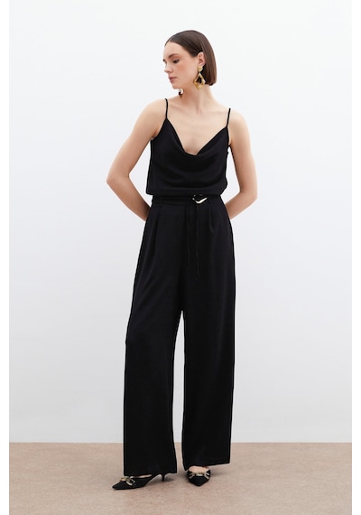 Sateen Kemerli Salaş Pantolon - Siyah-136064 Siyah