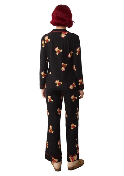Ersefa Kadın Ayıcık Desenli Pijama Takımı Gömlek Yaka Uzun Fonksiyonel D Siyah