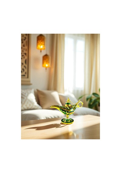 Aladdin Sihirli Lambası Renkli Işlemeli Dekoratif Biblo Alaattin Metal Çelik No:3 - 17x11 CM