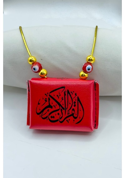 Kırmızı Nazar Boncuklu Deri Çantalı Mini Kur'an-ı Kerim Lastikli