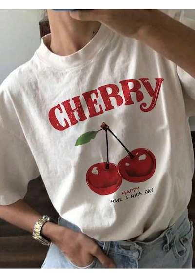 Unisex Happy Cherry Tasarım Basklı Tshirt Beyaz