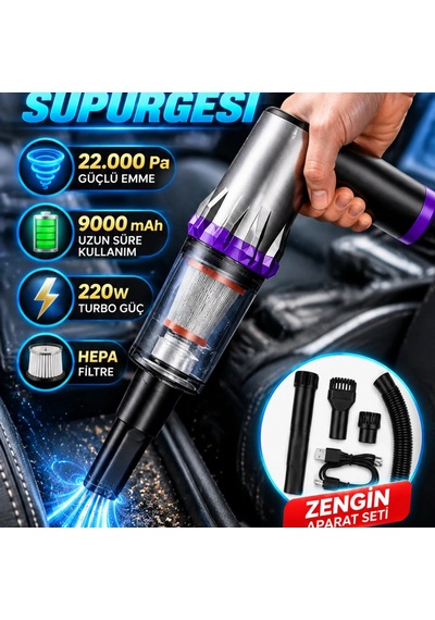 22.000 Pa Kablosuz Araç Süpürgesi 9000 Mah Bataryalı 220w Turbo Güçlü