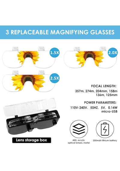 3 Lens 2 Led Işıklı Gözlük Tipi Büyüteç Usb Şarjlı Büyüteç 1.5x 4.5x Profesyonel Okuma Hobi İçin