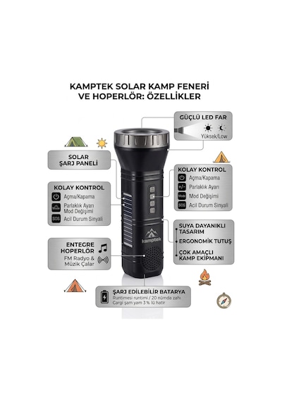 Kamptek Çok Fonksiyonlu Solar El Feneri Radyo + Powerbank + Led Işık Deprem Çantalık Diğer