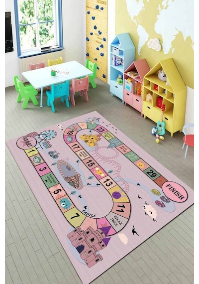 Pembe Kaymaz Taban Bulmacalı Oyun Halısı Çocuk Halısı Kd125n11