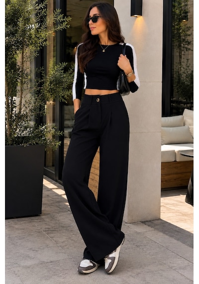 Unika Boutique Kadın Yüksek Bel Pileli Düğme Detaylı Bol Kesim Likralı Palazzo Kumaş Pantolon siyah