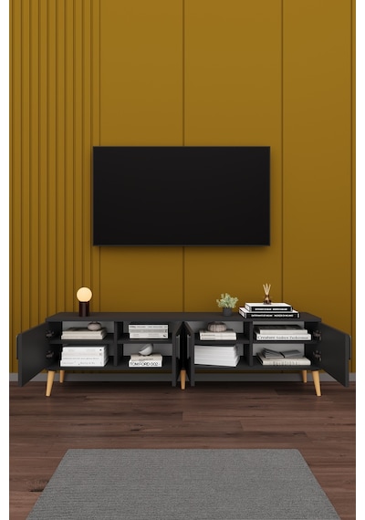 Asra Trend Tv Ünitesi T-04 %100 MDF 160 cm Tv Sehpası 4 Kapaklı Raflı Koyu Gri