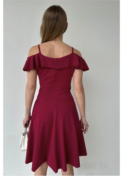 DefyModa Kadın Minimal Esnek Krep Kumaş Kruvaze Yaka Volanlı Abiye Elbise Bordo
