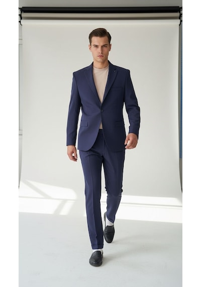 Erkek Lacivert Tek Düğme Slim Fit Takım Elbise - Şık Ofis Ve Davet Kombini Lacivert