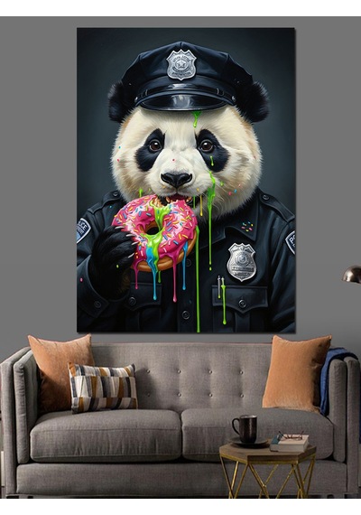 Polis Panda Ve Donut Keyfi Dekoratif Kanvas - Mdf Ahşap Tablo