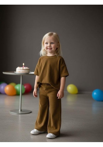 Zekids Kız Çocuk Kışlık Bel Lastikli İspanyol Paça Örme Pantolon-14431 Camel