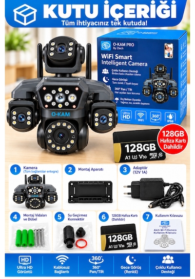 O-kam Ok-251 12mp 4 Kameralı Wifi Gece Görüş Çift Yönlü Ses Uzaktan İzleme Kişi Takibi Türkçe 128gb Akıllı Güvenlik Kamerası