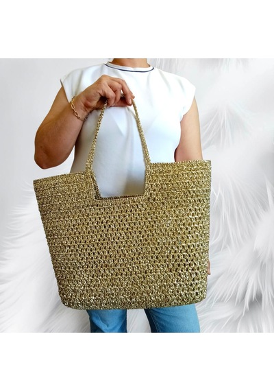 Embahandmade Metalik Altın El Örgüsü Plaj Çantası Şık Yazlık Omuz Tote Bag Gold