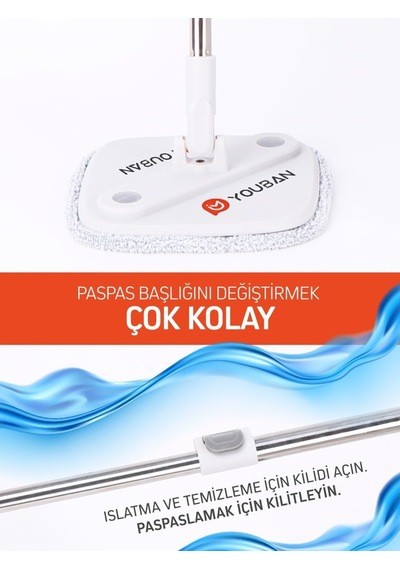 Paspas Seti, Temiz Ve Kirli Suyu Ayıran Özel Tasarım, Mikrofiber Başlık, Paslanmaz Çelik Sap, + 4 Adet Yedek Bezli