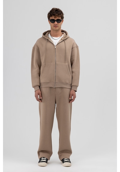 Vamos Basic Fermuarlı Oversize Kapüşonlu Sweatshirt Vizon
