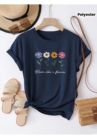 Uyguntarz Unisex Flowers Baskılı Tasarım Tshirt Lacivert