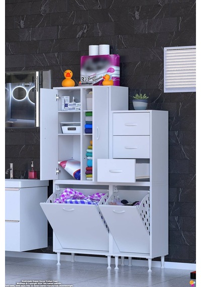 Hayal 105 Cm Kirli Çamaşır Dolabı Çok Amaçlı Modüler Banyo Dolabı - Beyaz 65+40 X160x32 Cm