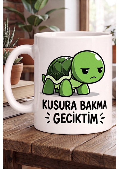 Kusura Bakma Geciktim Yazılı Kaplumbağa Baskılı Komik Hediye Kupa Bardak Beyaz