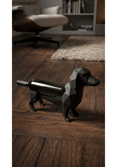Geometrik Dachshund Köpek Şarap Şişesi Standı - Siyah Low-poly Sosis Köpek Dekoratif Şaraplık