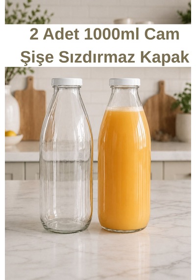 2 Adet 1000ml Beyaz Sızdırmaz Kapaklı Şeffaf Cam Süt Ayran Limonata Meşrubat İçecek Şişesi
