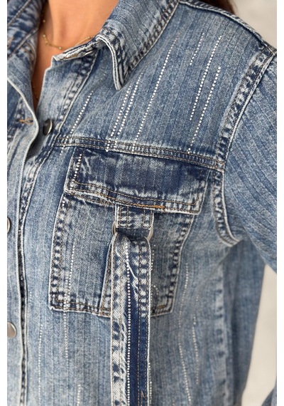 Femelle Kadın Mavi Çift Cepli Pul Detaylı Denim Kısa Kot Ceket Lacivert