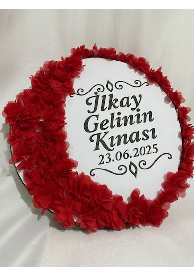 Gelin Tefi 30cm, İsim Ve Tarih Yazılı Yarım Ay Ve Kenar Süslemeli Tasarlanmış Kına Tefi Kırmızı