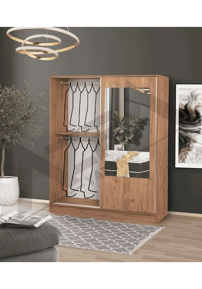 Azra Yatak Yağmur Sürgülü Askılıklı Raflı Atlantik Çam Gardırop - 140 Cm