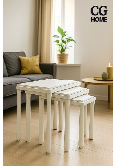 Ant Home Alvin Zigon Sehpa Üçlü Lüx Ağaç Lake Boyalı Sehpa Ekru