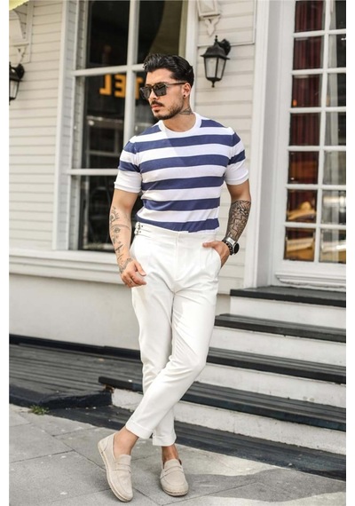 Erkek Yuvarlak Yaka Örme T-shirt Beyaz-saks